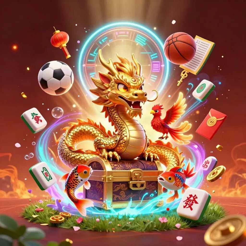 Golden dragon, phoenix, koi, and sports gear burst through neon casino light and bubbles.