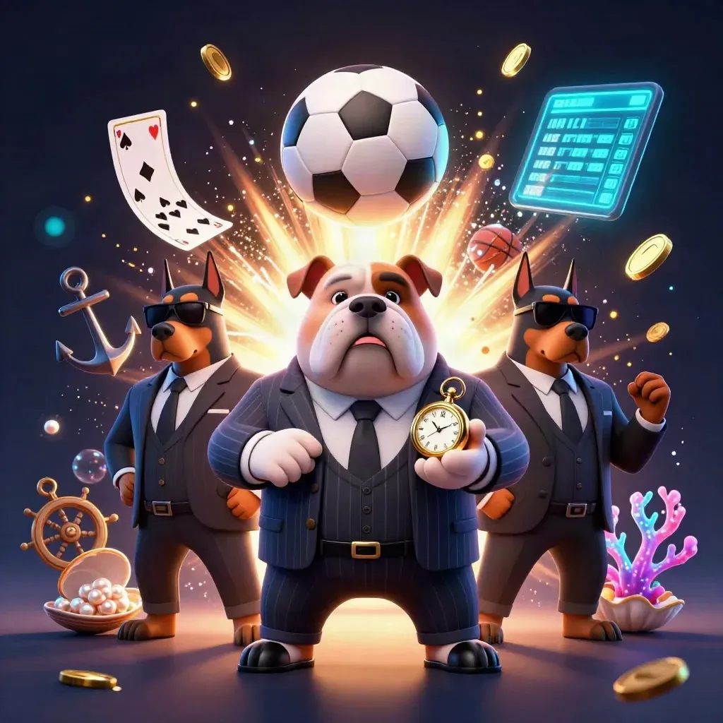 Bulldog boss and two Dobermans amid gold coins, treasure cove glow, ball and cards in blue neon.