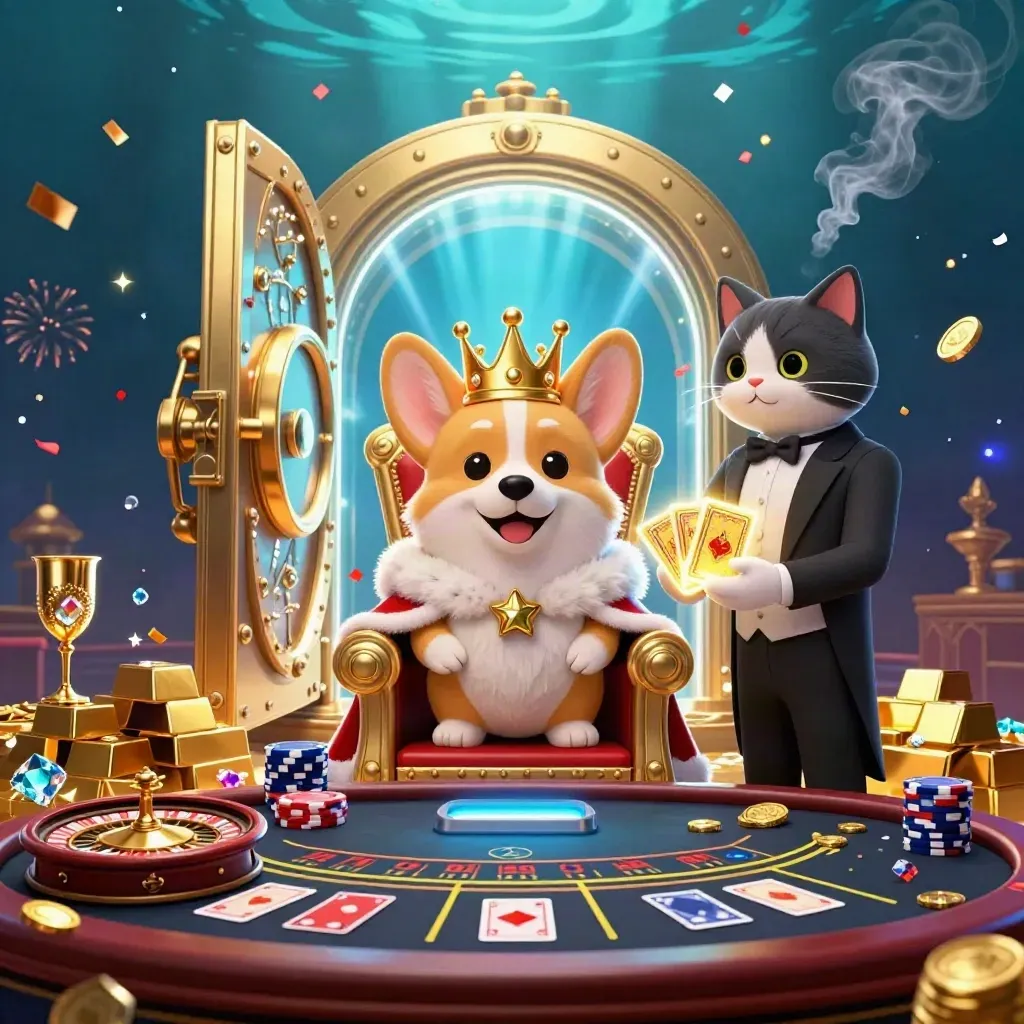 Royal corgi and cat butler amid vault gold, roulette spin, blue-lime casino glow.