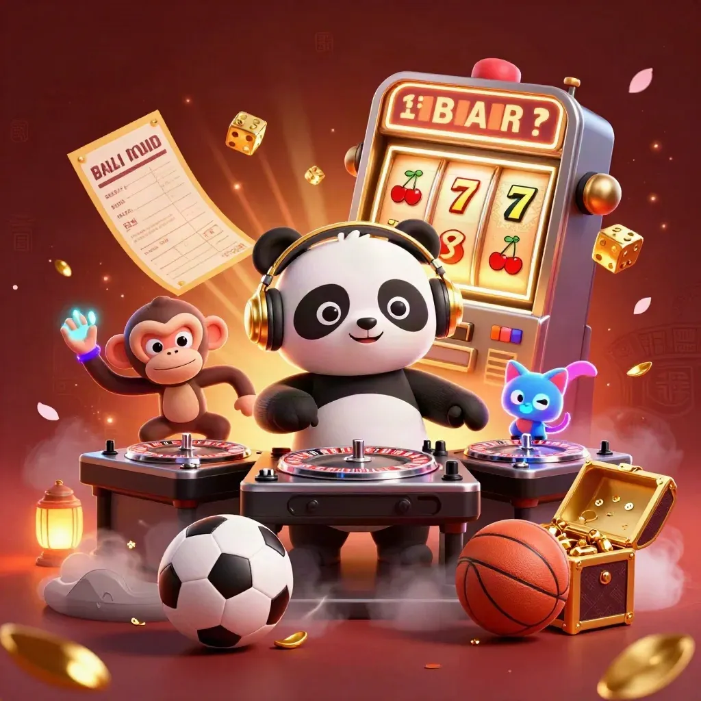 DJ panda, dancing monkey, and rave kitten amid casino bursts, gold dice, and blue-lime glow.