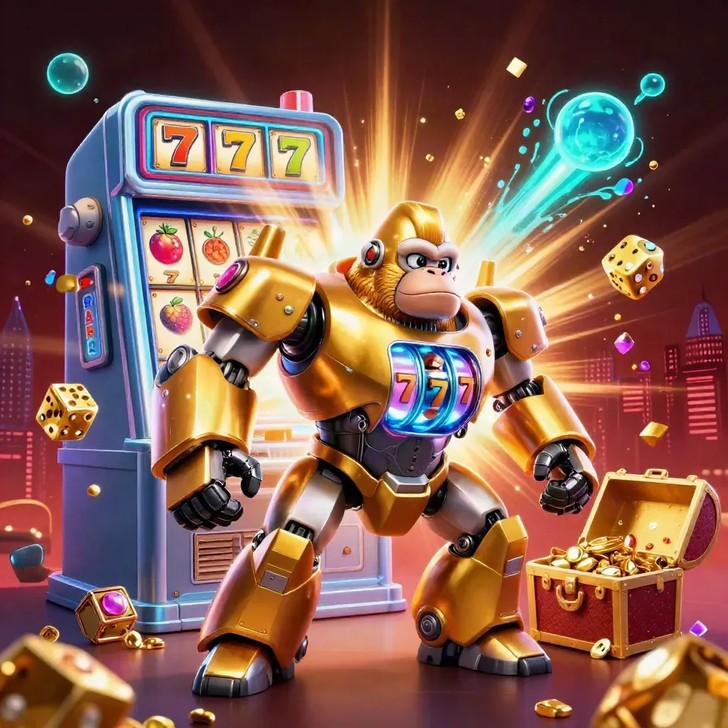 Golden gorilla mech erupts from a slot machine with treasure, gems, and neon blue-lime energy