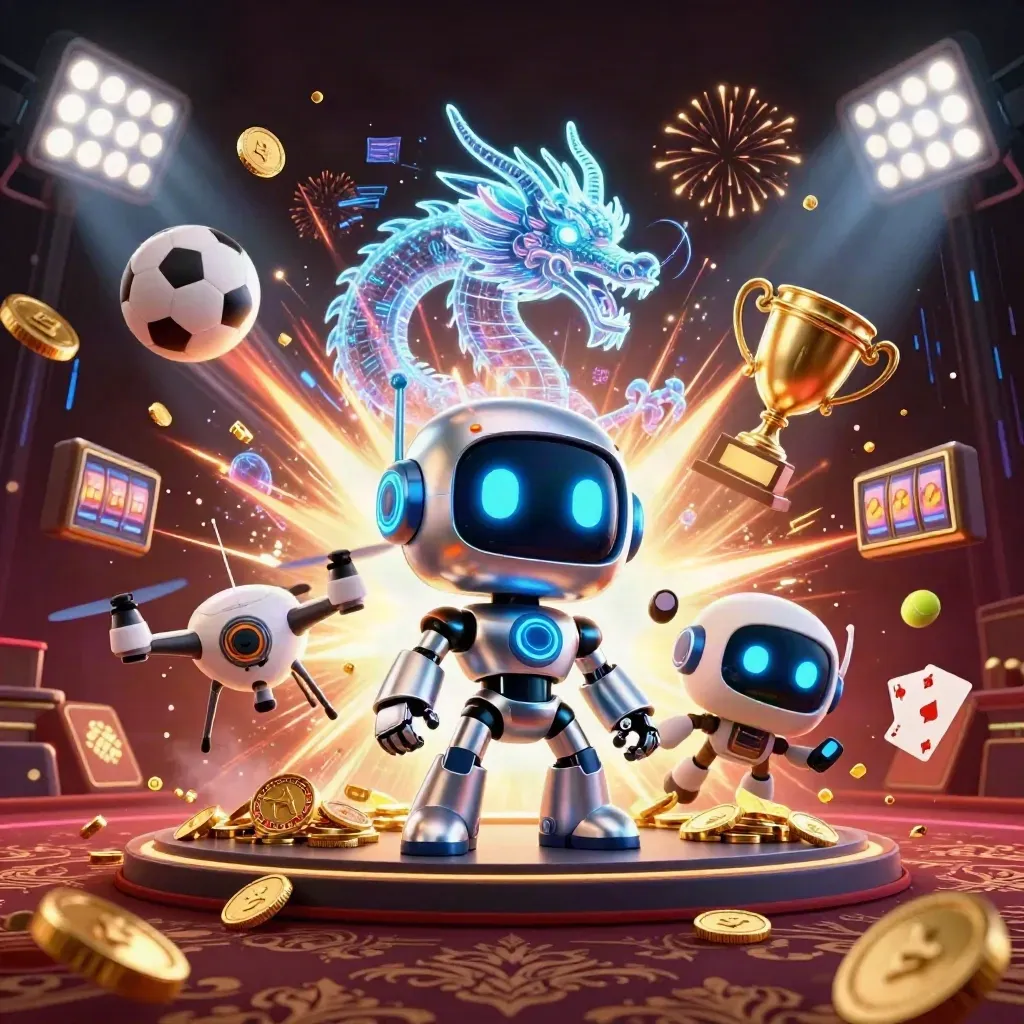 Cyberpunk robot, holographic dragon, and drone amid bursting coins, sports balls, and casino lights.