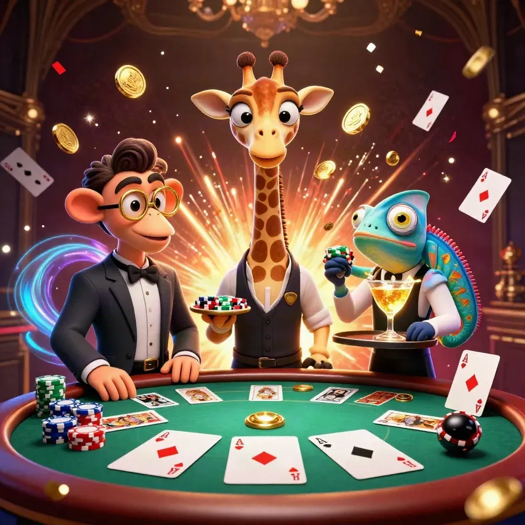Giraffe high-roller, monkey valet, and chameleon bartender amid casino chips, gold coins, and fireworks